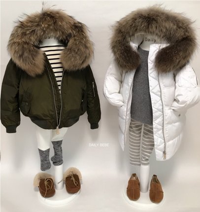 韩国男童女童装2021冬装新款儿童真毛大毛领短款羽绒服面包服外套