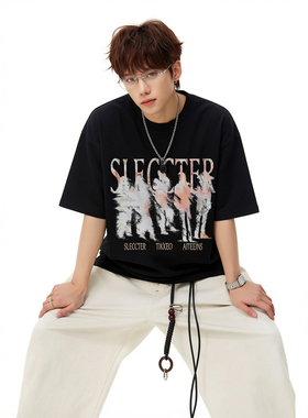 短袖男款2026新款重磅纯棉圆领印花圆领T恤男青少年美式宽松情侣T