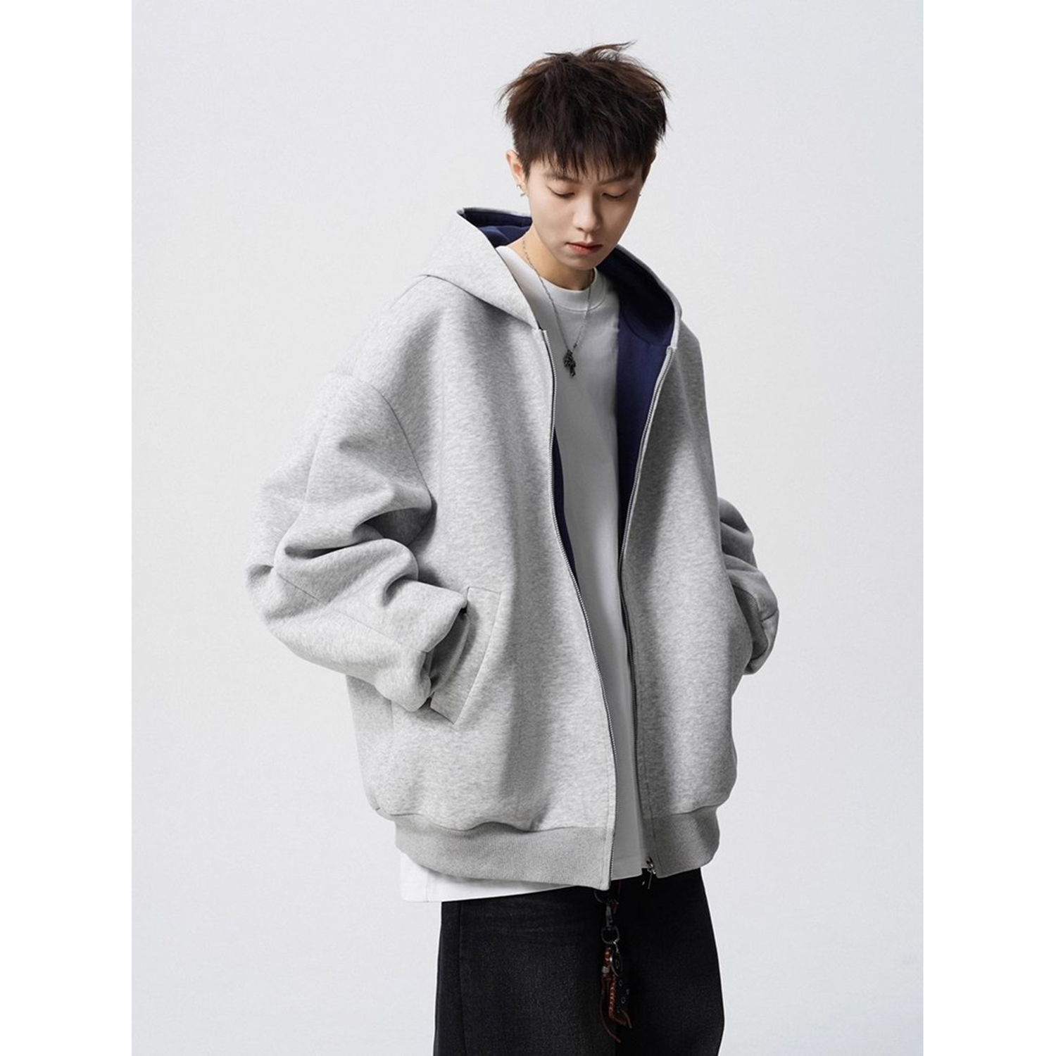 美式潮牌撞色连帽开衫宽松情侣