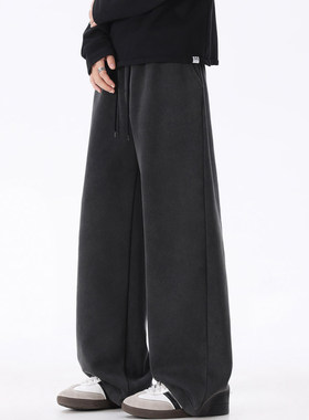 重磅黑色运动裤男复古水洗宽松直筒卫裤美式潮牌休闲百搭男生裤子