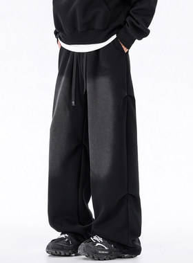 秋冬款重磅潮牌褶皱复古水洗休闲裤男士宽松直筒长裤加绒男生裤子