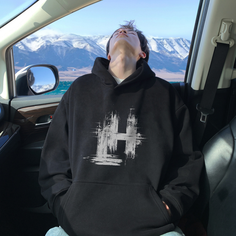 加绒加厚字母印花情侣连帽卫衣