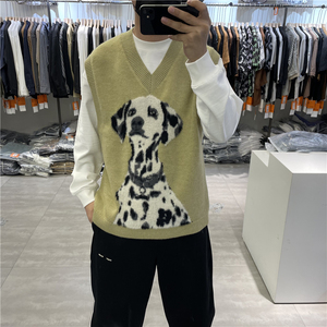 美式休闲男宽松斑点狗提花V领针织无袖背心潮流痞帅百搭马甲坎肩
