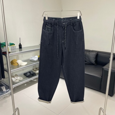 冬季新款男士加绒加厚直筒锥形松紧腰牛仔裤宽松显瘦保暖阔腿长裤