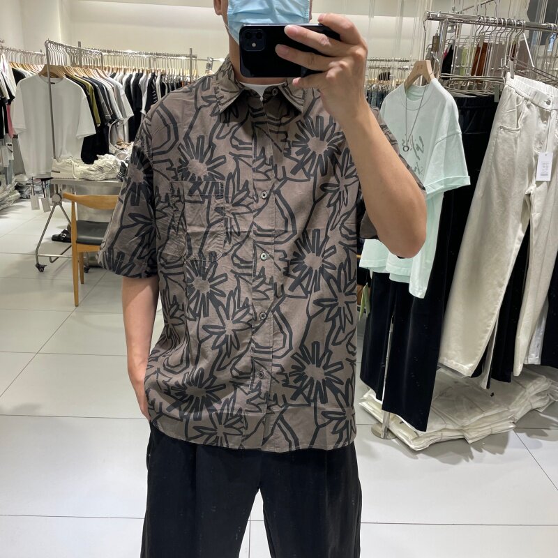 美式潮牌宽松个性印花短袖翻领衬衣外套夏季时尚百搭痞帅休闲衬衫