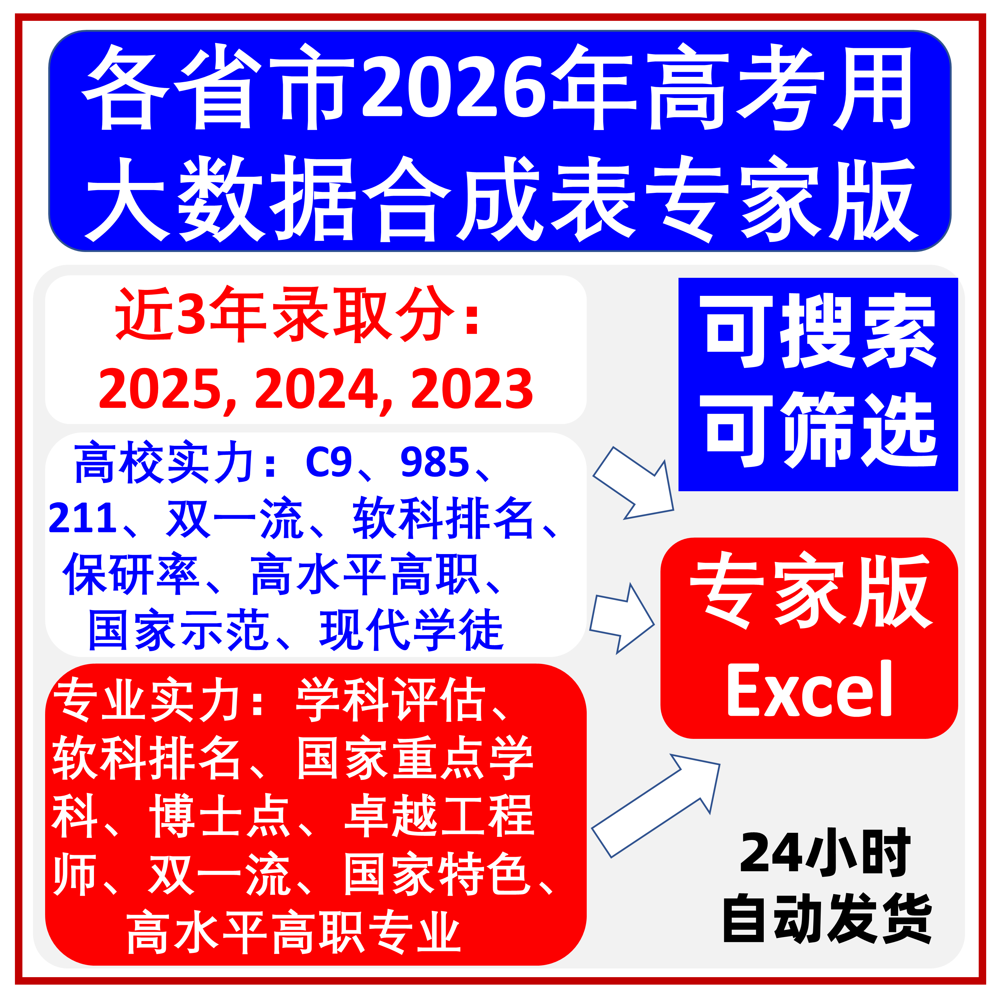 各省市2026年高考用本科专科三年录取分大数据合成表专家版Excel