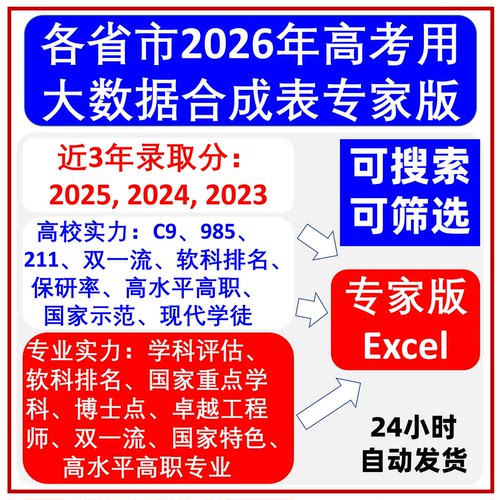 各省市2026年高考用本科专科三年录取分大数据合成表专家版Excel
