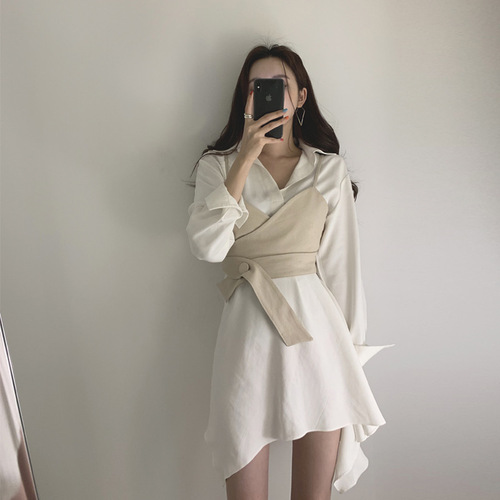 Korean chic retro slim waist wrap chest camisole + lapel solid color thin irregular dress female