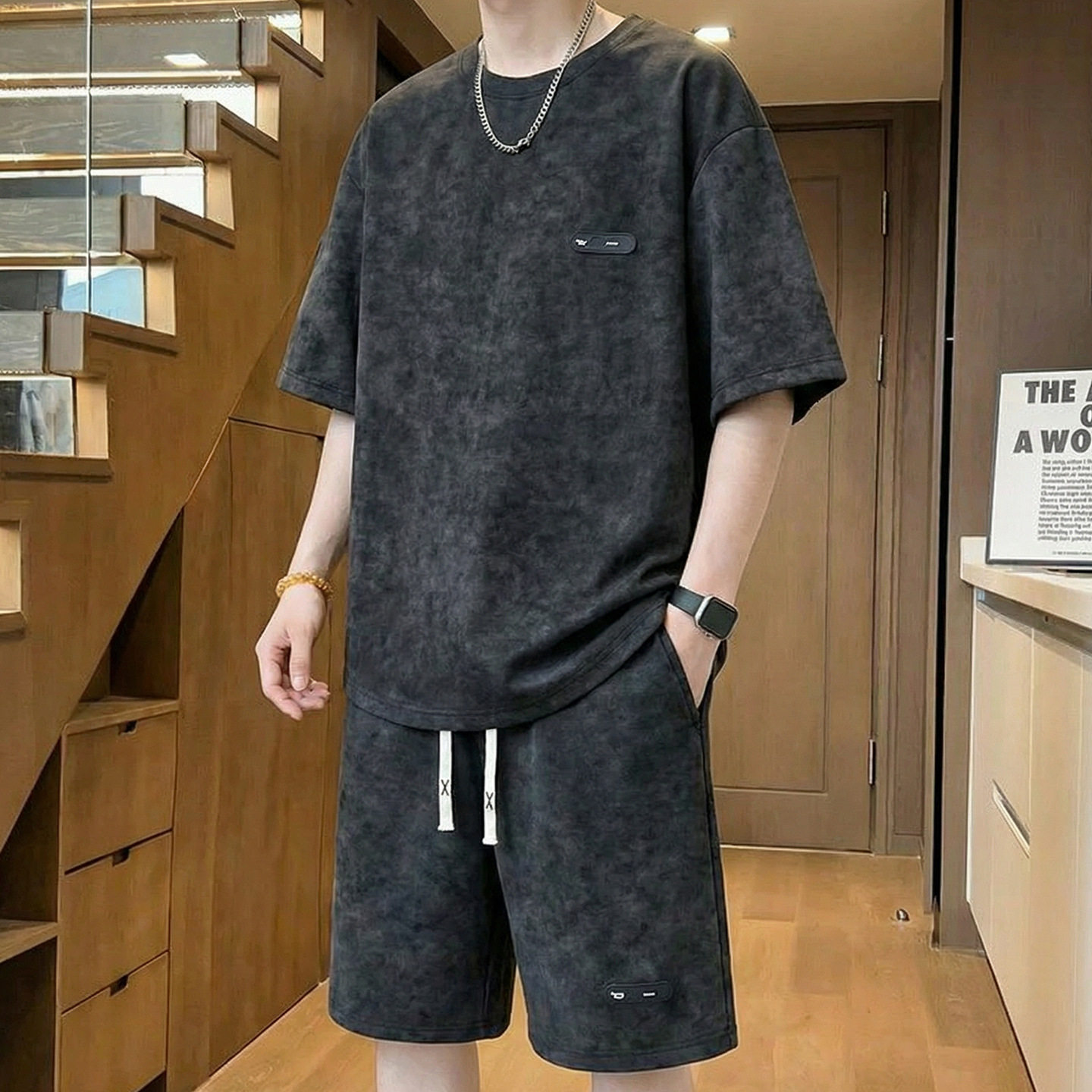 男士休闲套装胖子夏季短袖短裤宽松加肥加大码潮流两件套运动套装