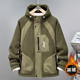 冬季加绒加厚开衫外套加肥加大码男摇粒绒连帽卫衣青年胖子带帽衫