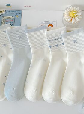 浅蓝蝴蝶结女童袜子白色春秋奶中筒袜棉ins潮日系甜美运动学生袜