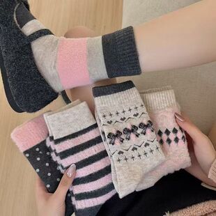 女童袜子秋冬加厚毛绒女孩甜美可露舒适丽色棉袜中大童学生中筒袜