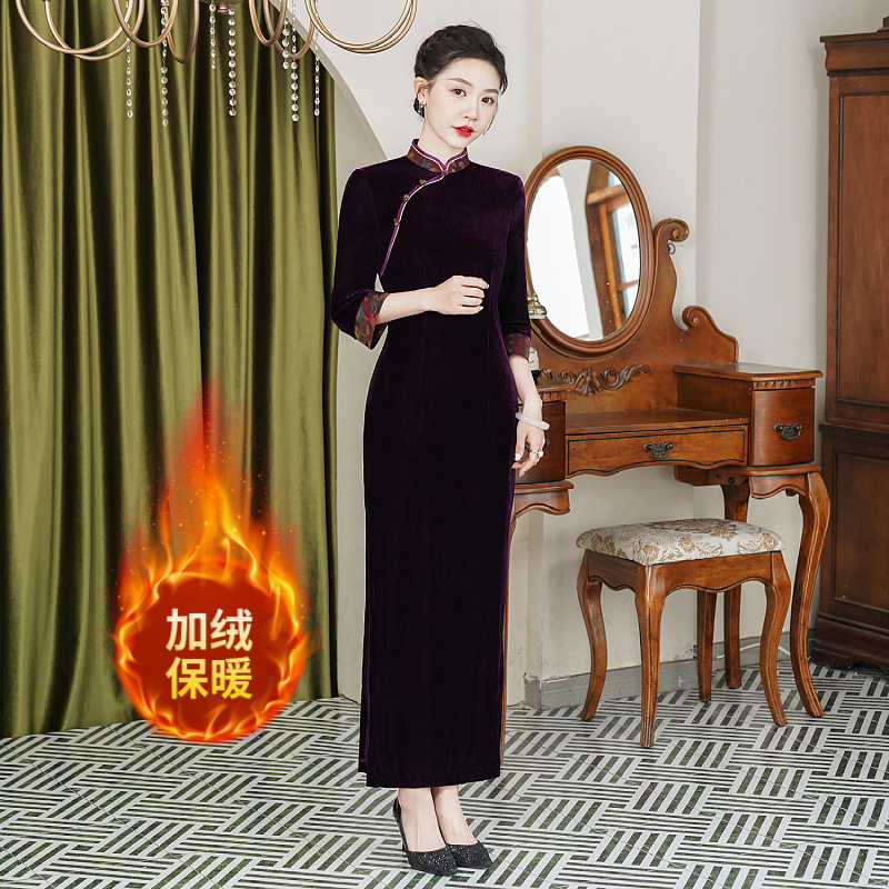 丝绒加厚旗袍礼服薄款厚款中国风喜婆婆妈妈装大码连衣裙