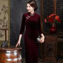 时尚 宴会礼服2022秋冬新款 大码 七分袖 改良婆妈妈旗袍 色金丝绒长款