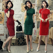 提花棉2022秋季 中式 改良中长款 新款 蕾丝边连衣裙修身 显瘦日常旗袍