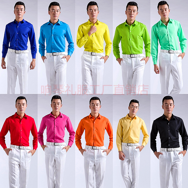 特价直销影楼主题彩色衬衫批量男士长袖拍照演出韩版修身含棉服装