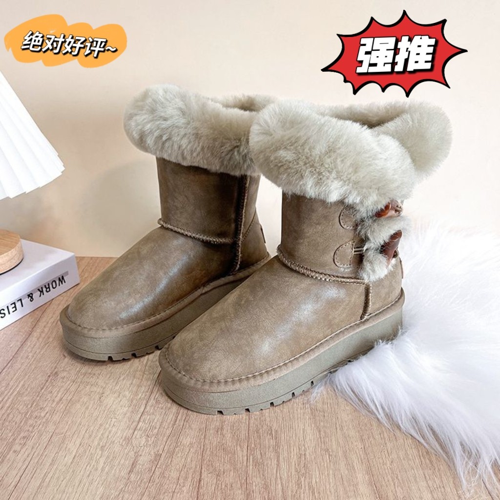 翻毛雪地靴牛角扣厚底羊毛低筒冬时尚雪地靴