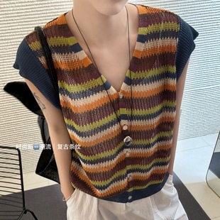 撞色条纹针织背心女宽松显瘦百搭上衣潮 2025春季 新款 时尚 V领无袖