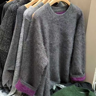 圆领撞色长毛浣熊针织衫 时尚 女宽松显瘦百搭毛衣上衣 新款 2025冬季