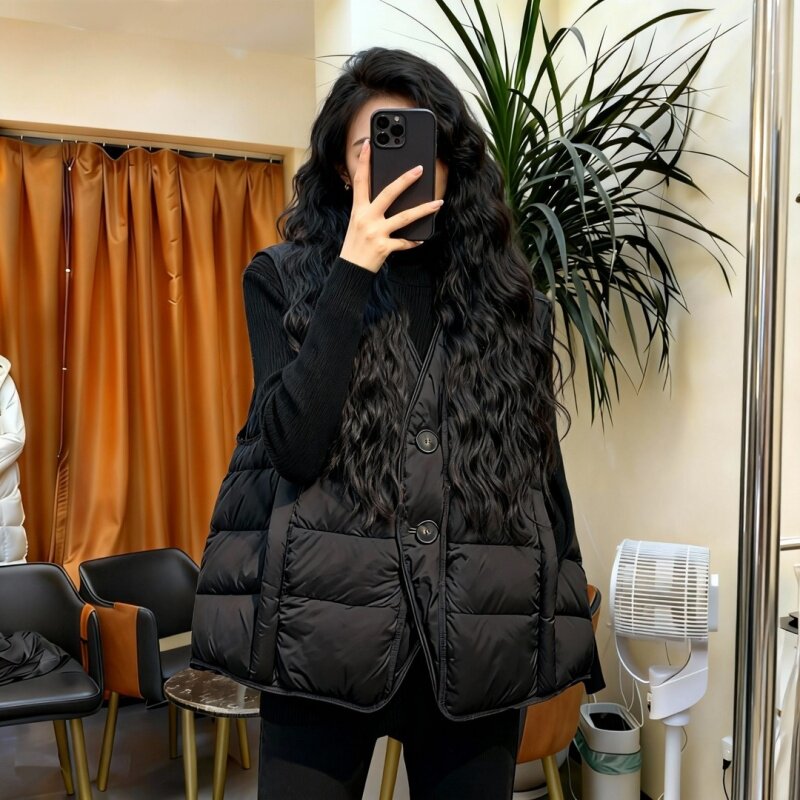 单排扣韩版V领排骨款棉马甲外套女秋冬新款大码百搭外穿背心马夹