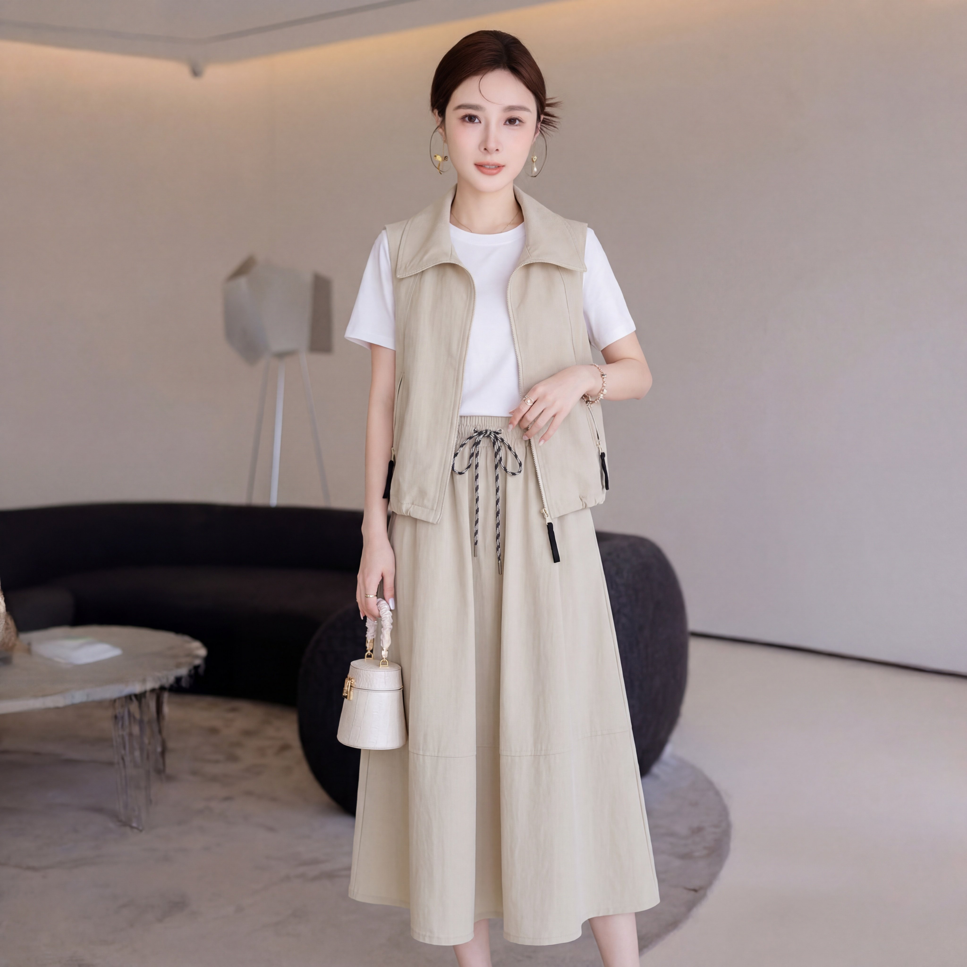韩版薄款马甲T恤半身裙三件套女