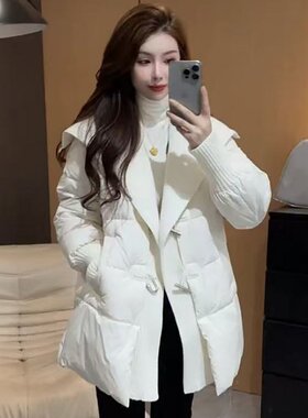 韩版大翻领牛角扣中长款保暖棉服