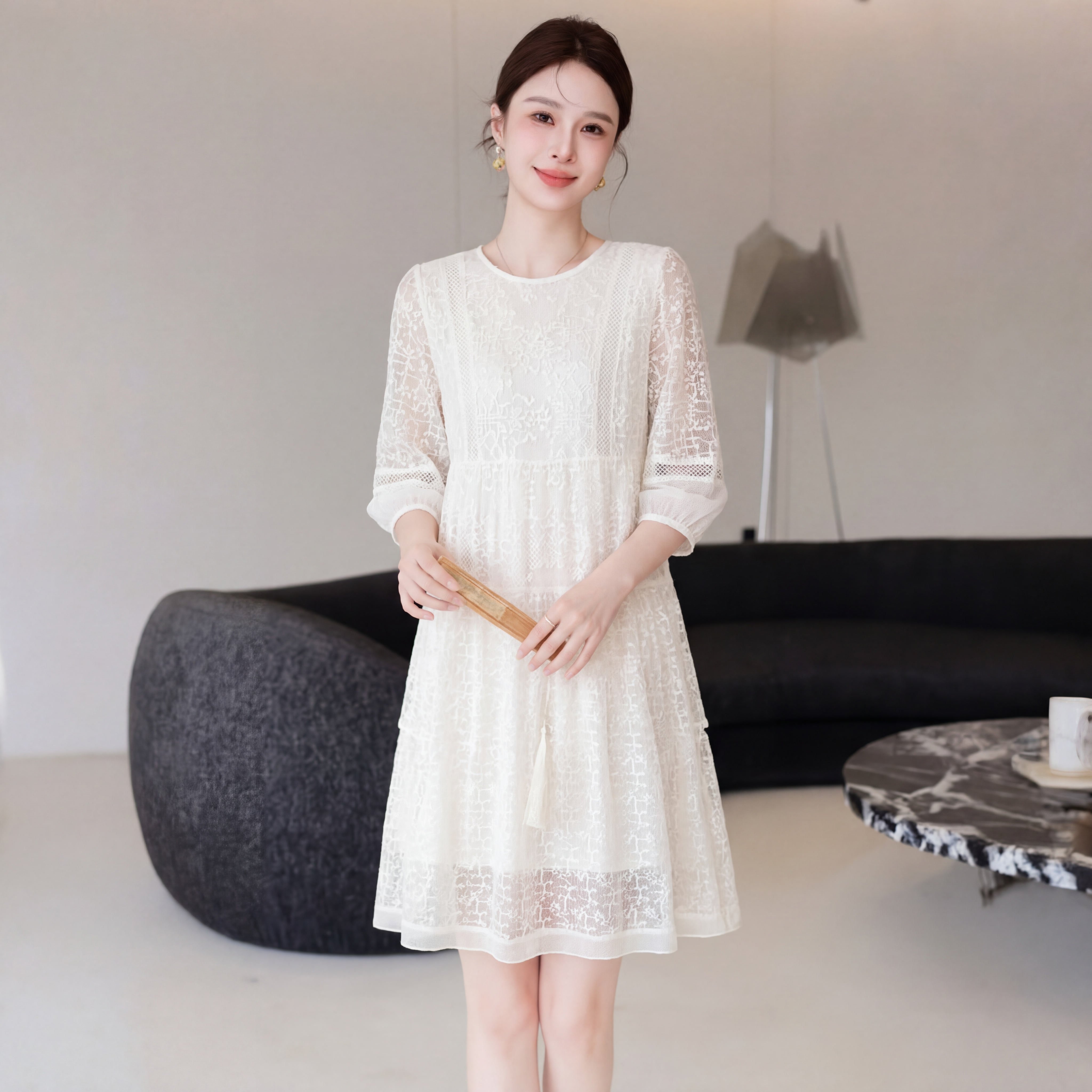 法式优雅气质白色蕾丝连衣裙女