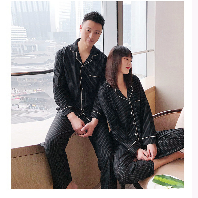 爱蜜迪茉小红书款金边睡衣男罗马布春秋长袖长裤情侣套装