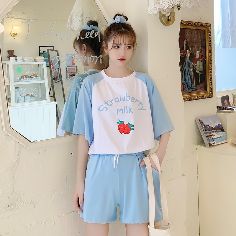 Real shot cotton T-shirt suit women's summer new Mickey short sleeve shorts student loose two piece set Korean fashion