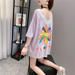 Real shot pure cotton summer loose medium length shiny print large short sleeve T-shirt women's net red dress