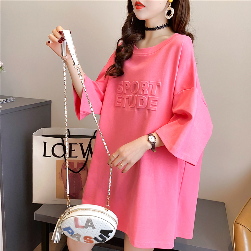 Real shot cotton net red same 2021 concave convex new loose large medium long round neck T-shirt student girl