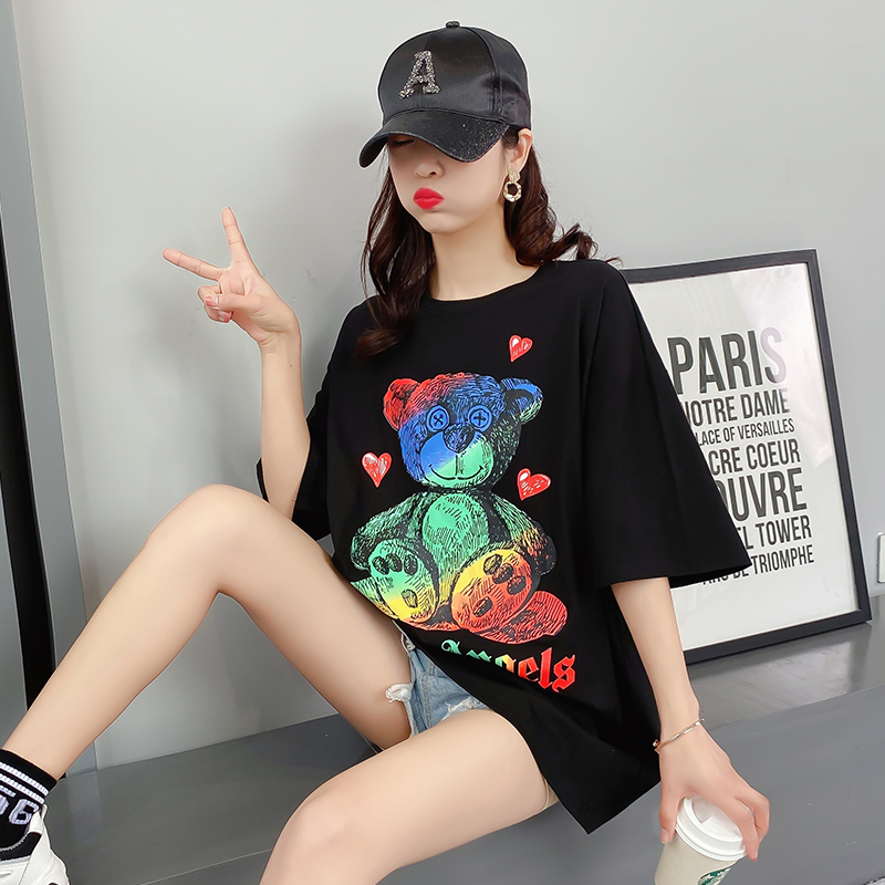 Real shooting of cotton T-shirt, short sleeve, medium length, Korean bear, new loose and fashionable clothes