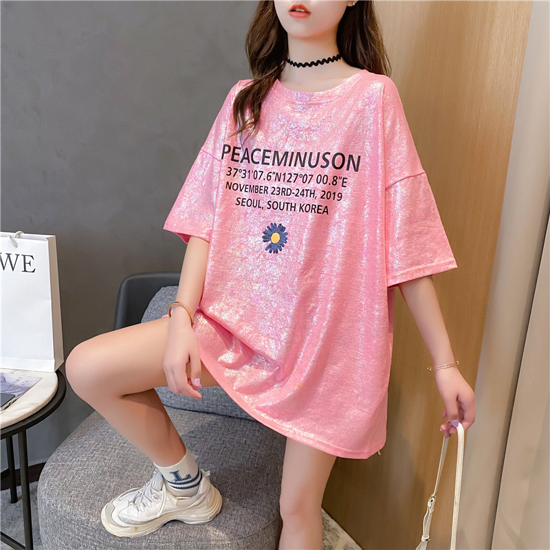 Real shot pure cotton summer loose medium length shiny print large short sleeve T-shirt women's net red dress