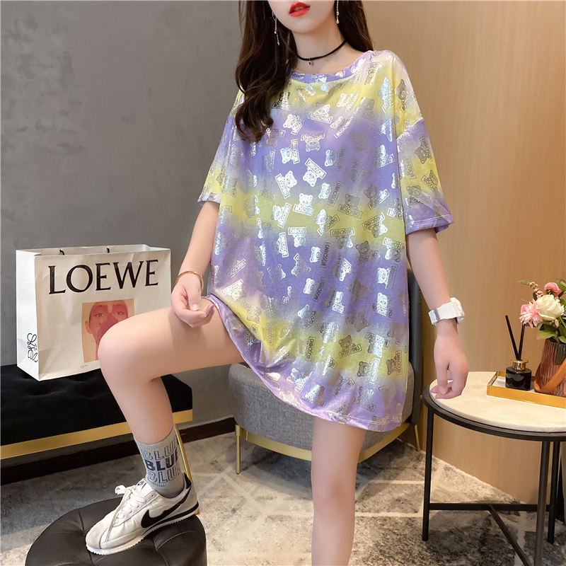 Real shot pure cotton summer loose medium length shiny print large short sleeve T-shirt women's net red dress