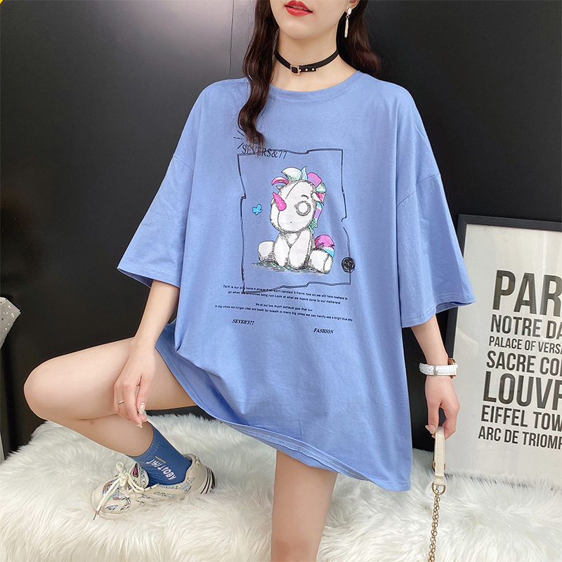 Real shot pure cotton T-shirt women's loose fitting short sleeve mid long summer new Korean ins chaohuochao brand top