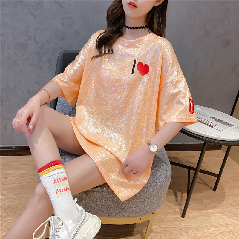 實拍純棉夏季寬鬆中長款亮閃閃印花大碼短袖T恤女網紅同款連衣裙