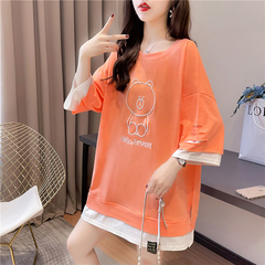 獨家實拍棉質網紅韓版假兩件插色刺繡貼布中長款夏季短袖T恤女