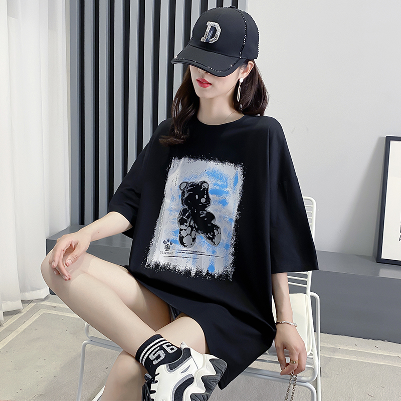 Original real shot cotton short sleeve T-shirt women's loose medium length Xiaxin Korean bear fashion brand clothes