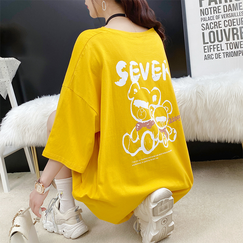 Real shot cotton t-shirt female student short sleeve loose medium length Korean new summer ins T-shirt