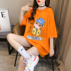 Real shot cotton net red same short sleeve T-shirt women's summer 2021 new hot drill medium long round neck top large women's wear