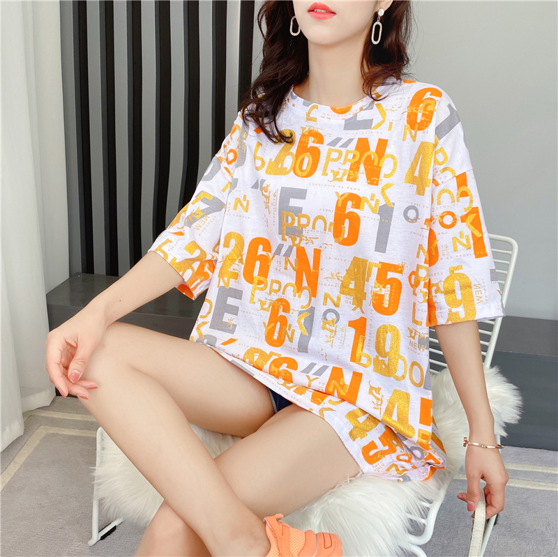 Real shot cotton t-shirt female letter short sleeve mid long Korean ins2021 new summer loose half sleeve top