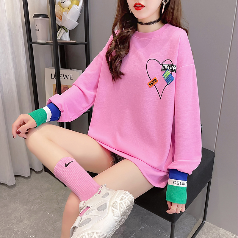 Real shot cotton medium and long white Long Sleeve T-shirt for women's Korean version loose 2021 spring new base shirt