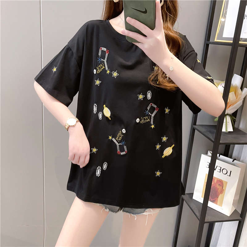 Real shot Cotton Short Sleeve T-Shirt Medium Length women's loose design top T-shirt with foreign style