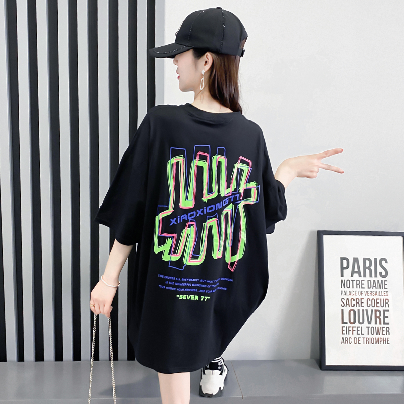 Real shot pure cotton T-shirt women's loose medium long short sleeve summer Korean new fashion brand