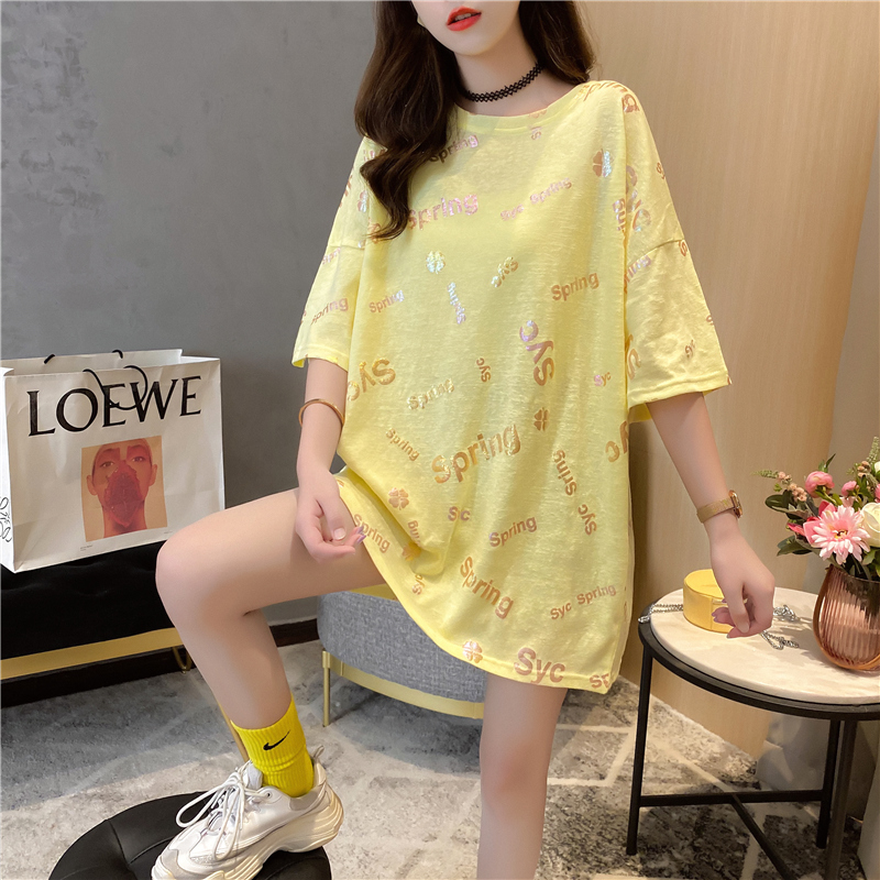 Real shot pure cotton summer loose medium length shiny print large short sleeve T-shirt women's net red dress
