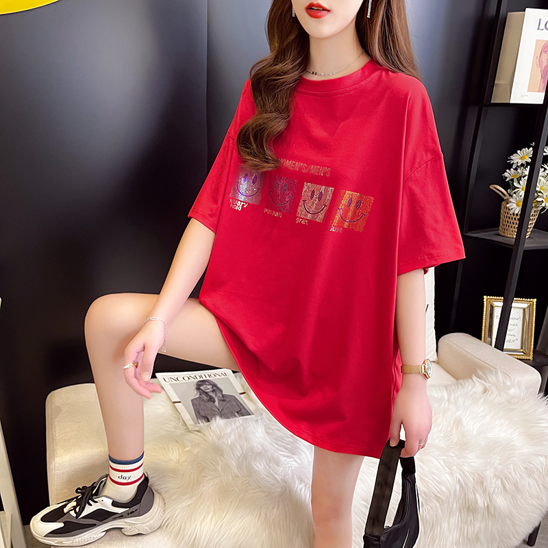 Real shot cotton 2021 new T laser hot piece medium length short sleeve loose LARGE T-SHIRT women's net red