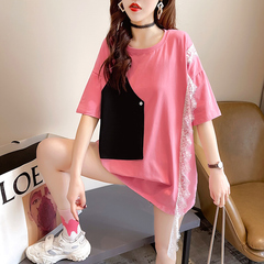 Real shot cotton short sleeve T-shirt women's summer 2021 new fashion lace medium length top large women's net red