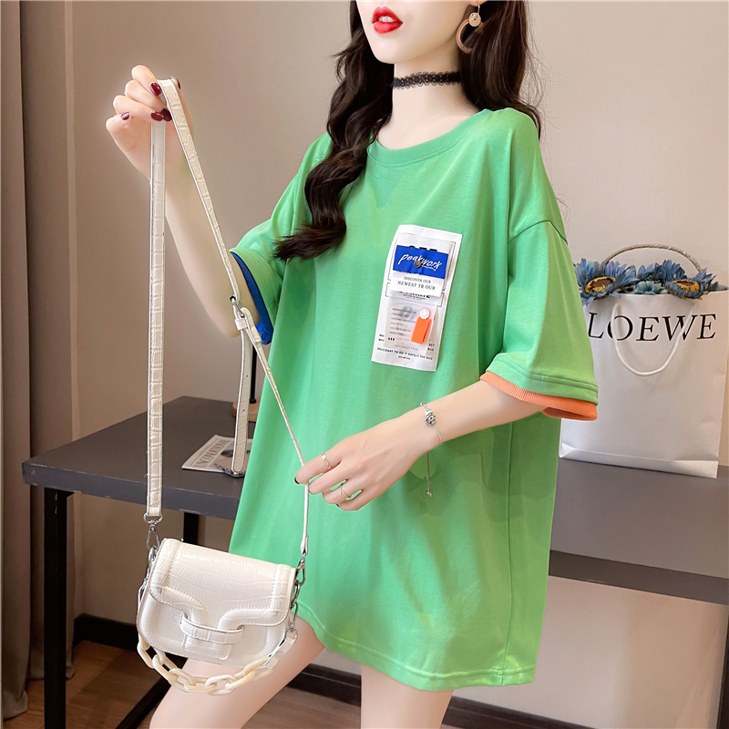 Real shot 35 cotton fake two mid long embroidered Korean Short Sleeve T-Shirt