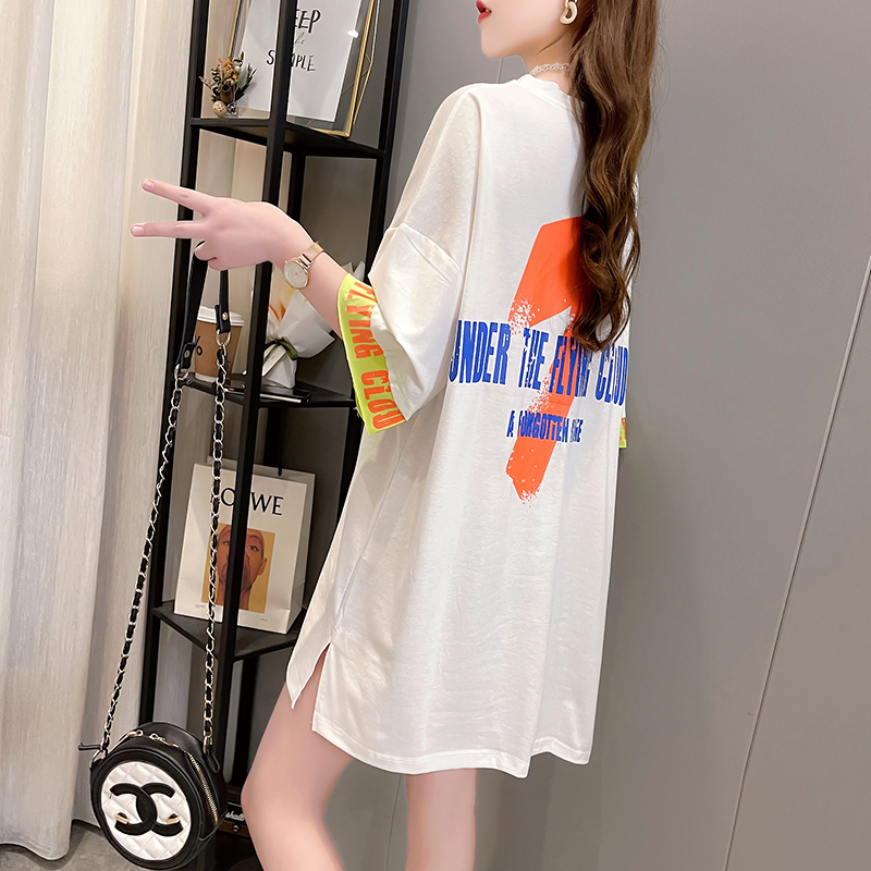 Real shot cotton summer new loose large medium length front and back printed round neck short sleeve T-shirt net red same