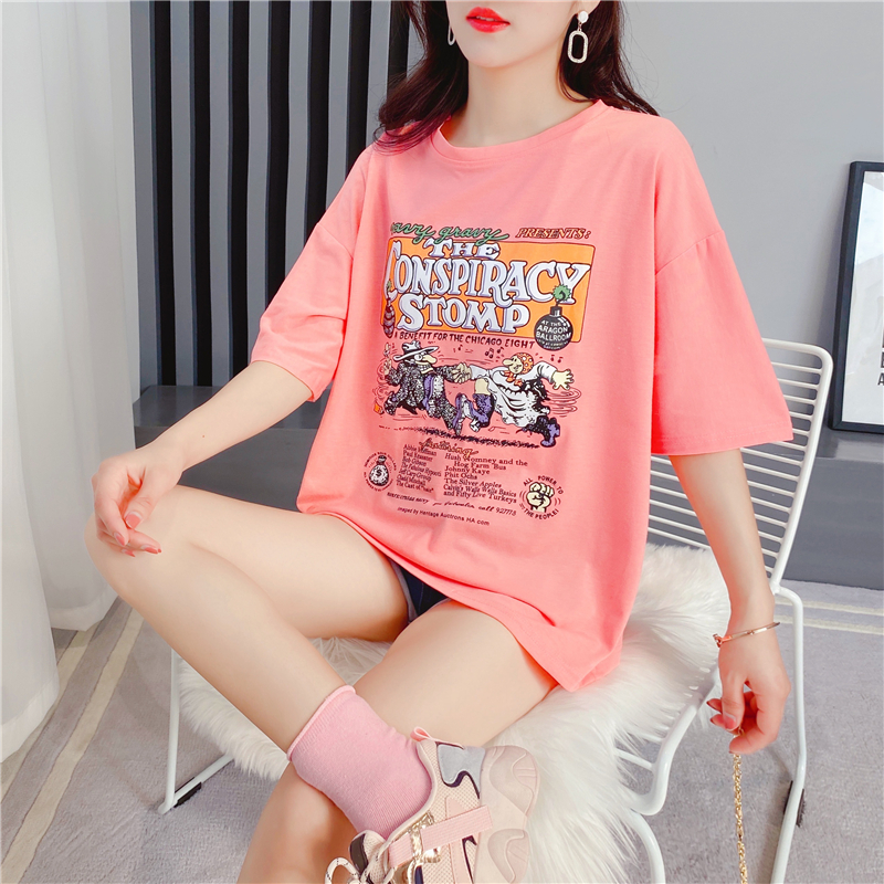 Real shot cotton letter short sleeve T-shirt women's mid long 2021 summer new Korean ins loose half sleeve top